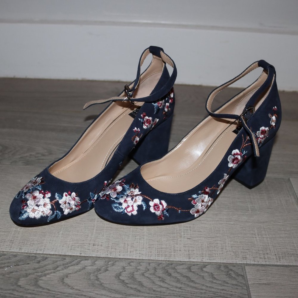 White House Black Market Blue Suede Embroidered Pump Heels With Ankle Strap